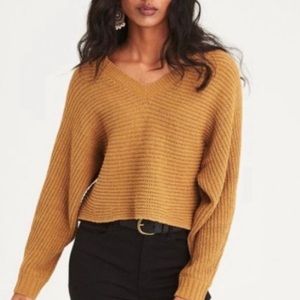 American Eagle Mustard Yellow V-neck Cropped Knit Sweater